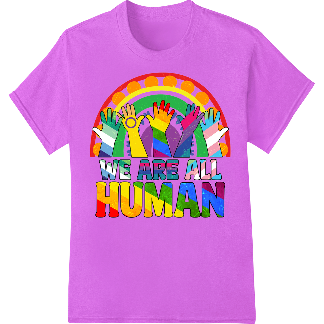 Vibrant 'We Are All Human' DTF Print for Pride Month Unity on purple shirt - SUPERDTF-DTF Prints-DTF Transfers-Custom DTF Prints