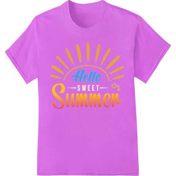 Retro 'Hello Sweet Summer' Sun DTF Print Heat Transfer on purple shirt - SUPERDTF-DTF Prints-DTF Transfers-Custom DTF Prints