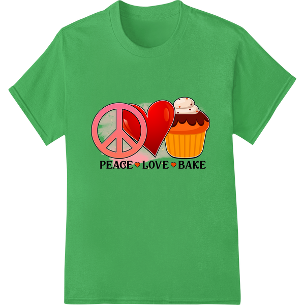 Witty "PEACE LOVE BAKE" DTF Print for Baking Enthusiasts on green shirt - SUPERDTF-DTF Prints-DTF Transfers-Custom DTF Prints