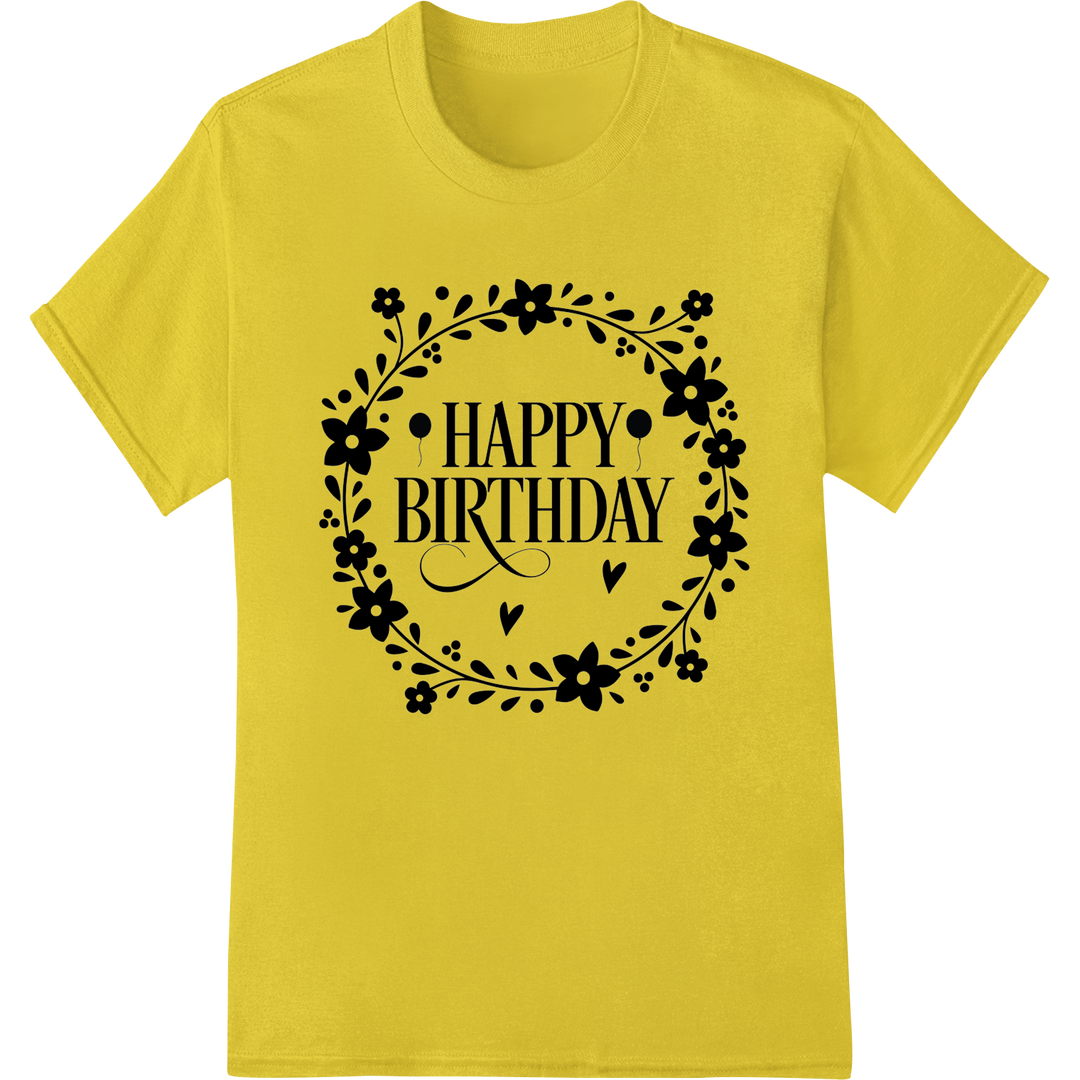 Floral Wreath 'Happy Birthday' DTF Heat Transfer Print on yellow shirt - SUPERDTF-DTF Prints-DTF Transfers-Custom DTF Prints