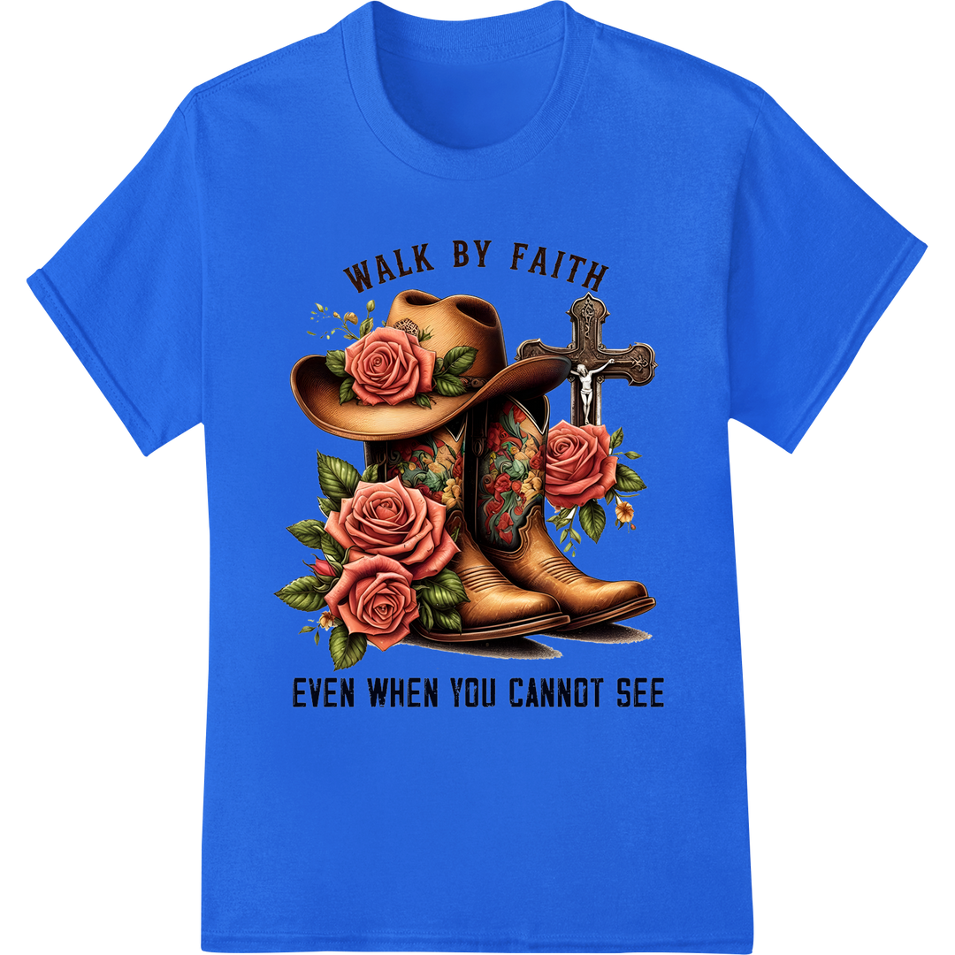 Walk by Faith Cowboy Boots DTF Print Heat Transfer on blue shirt - SUPERDTF-DTF Prints-DTF Transfers-Custom DTF Prints