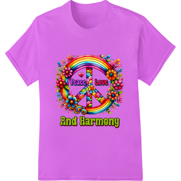 Retro Rainbow 'Peace, Love, Harmony' DTF Print Transfer on purple shirt - SUPERDTF-DTF Prints-DTF Transfers-Custom DTF Prints