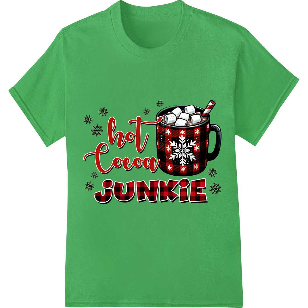 Festive 'Hot Cocoa Junkie' DTF Print Heat Transfer on green shirt - SUPERDTF-DTF Prints-DTF Transfers-Custom DTF Prints