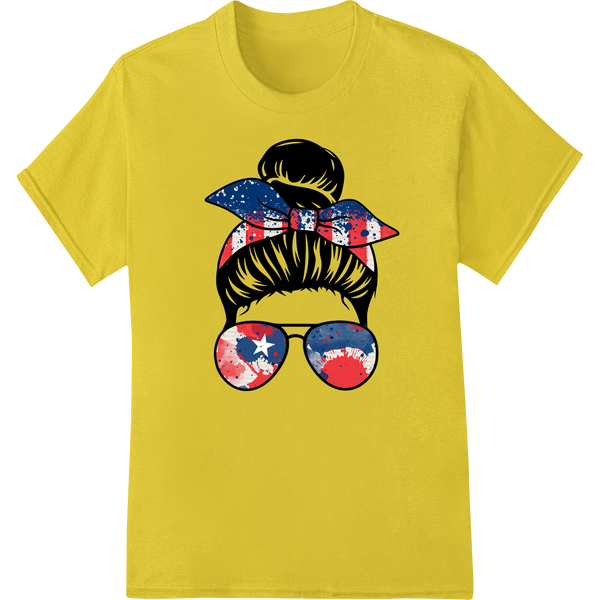 Patriotic Shades & Messy Bun: USA Flag Sunglasses DTF Print on yellow shirt - SUPERDTF-DTF Prints-DTF Transfers-Custom DTF Prints