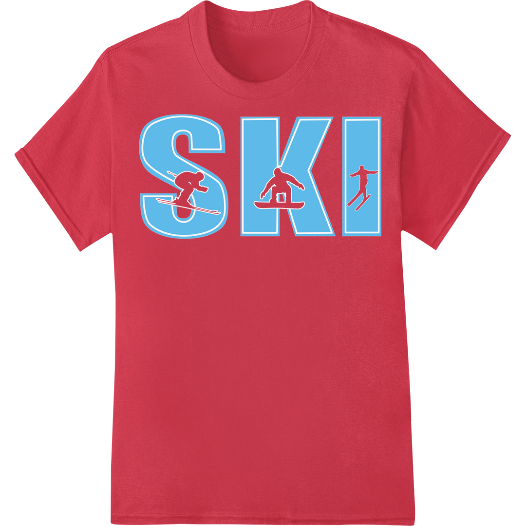 Bold 'SKI' DTF Print Heat Transfer | Winter Sports Style on red shirt - SUPERDTF-DTF Prints-DTF Transfers-Custom DTF Prints