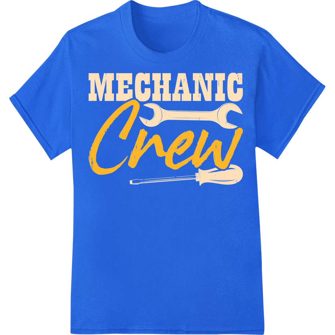 Bold Mechanic Crew DTF Print Heat Transfer - Rugged Style on blue shirt - SUPERDTF-DTF Prints-DTF Transfers-Custom DTF Prints