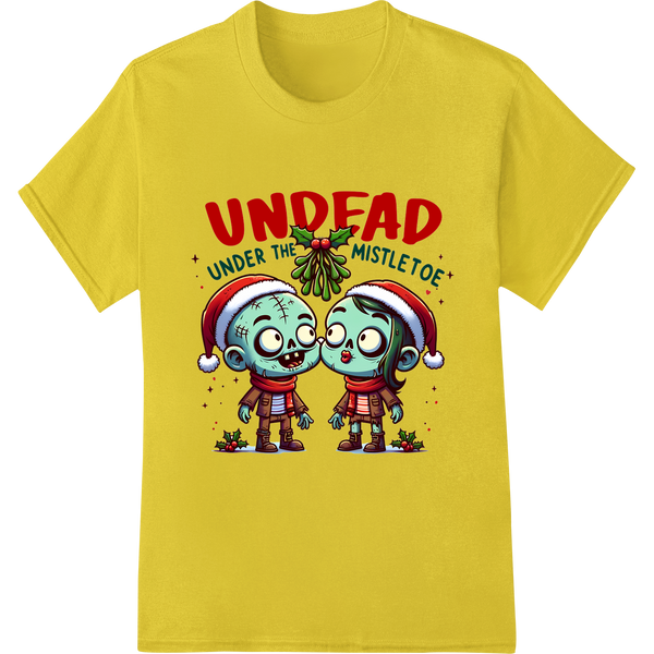 Undead Under Mistletoe: Quirky Zombie Xmas DTF Print on yellow shirt - SUPERDTF-DTF Prints-DTF Transfers-Custom DTF Prints