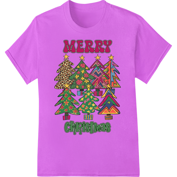 Retro Christmas Trees: Groovy 60s Holiday DTF Print on purple shirt - SUPERDTF-DTF Prints-DTF Transfers-Custom DTF Prints