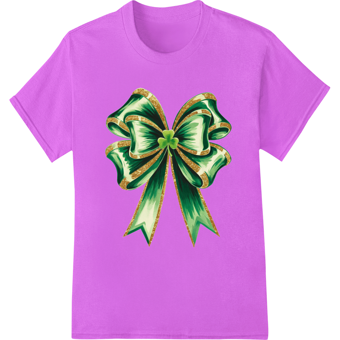 Festive St. Patrick's Day Green & Gold Clover Bow DTF Print on purple shirt - SUPERDTF-DTF Prints-DTF Transfers-Custom DTF Prints