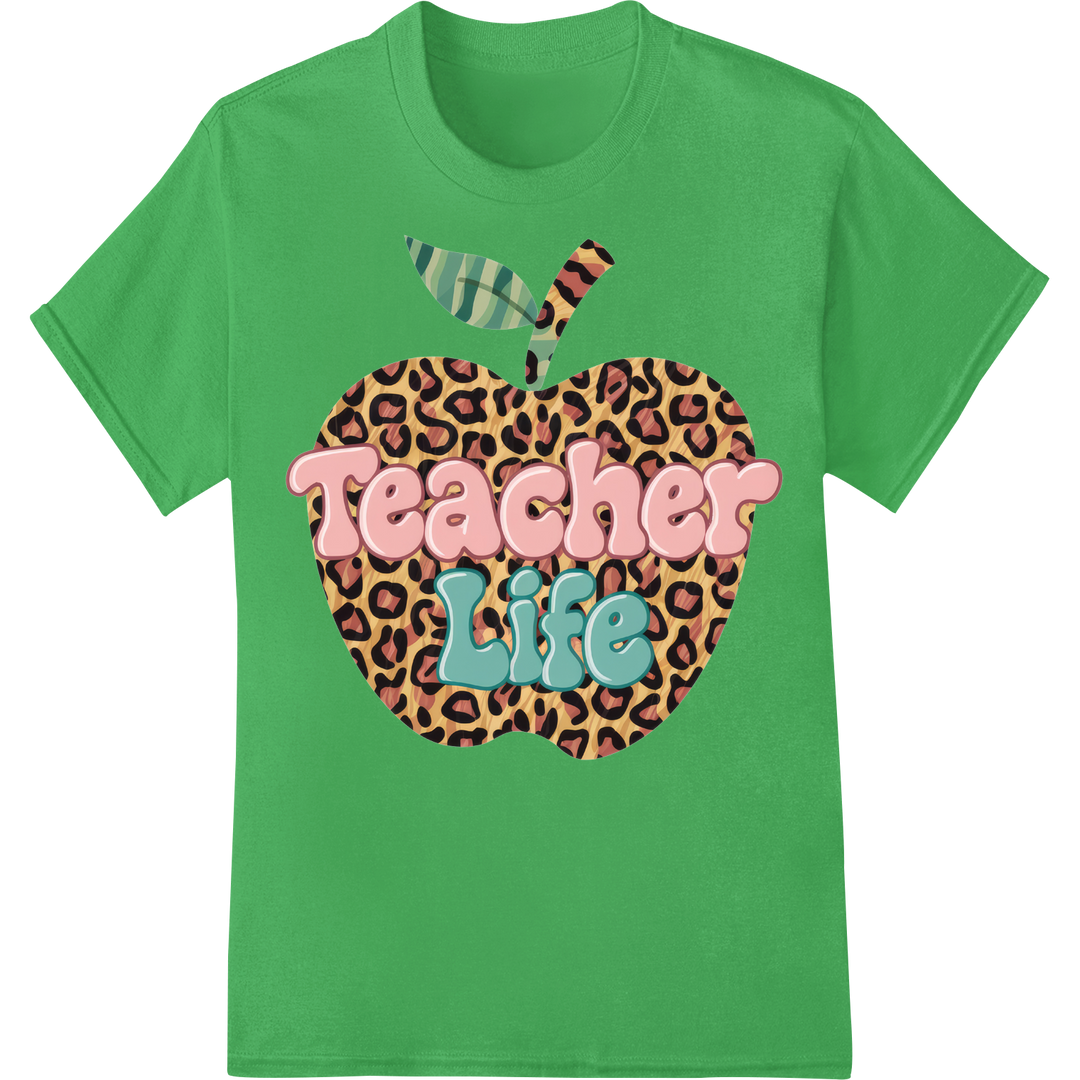 Retro Leopard Print Apple Teacher Life DTF Heat Transfer on green shirt - SUPERDTF-DTF Prints-DTF Transfers-Custom DTF Prints