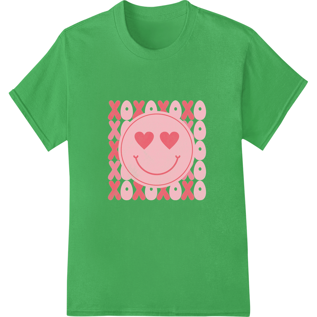 Groovy Valentine: Smiley Face & Playful Hearts DTF Print on green shirt - SUPERDTF-DTF Prints-DTF Transfers-Custom DTF Prints