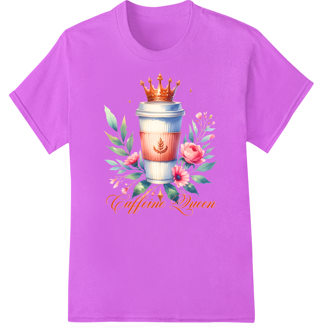 Caffeine Queen: Rule Your Day with Royal Coffee Charm on purple shirt - SUPERDTF-DTF Prints-DTF Transfers-Custom DTF Prints