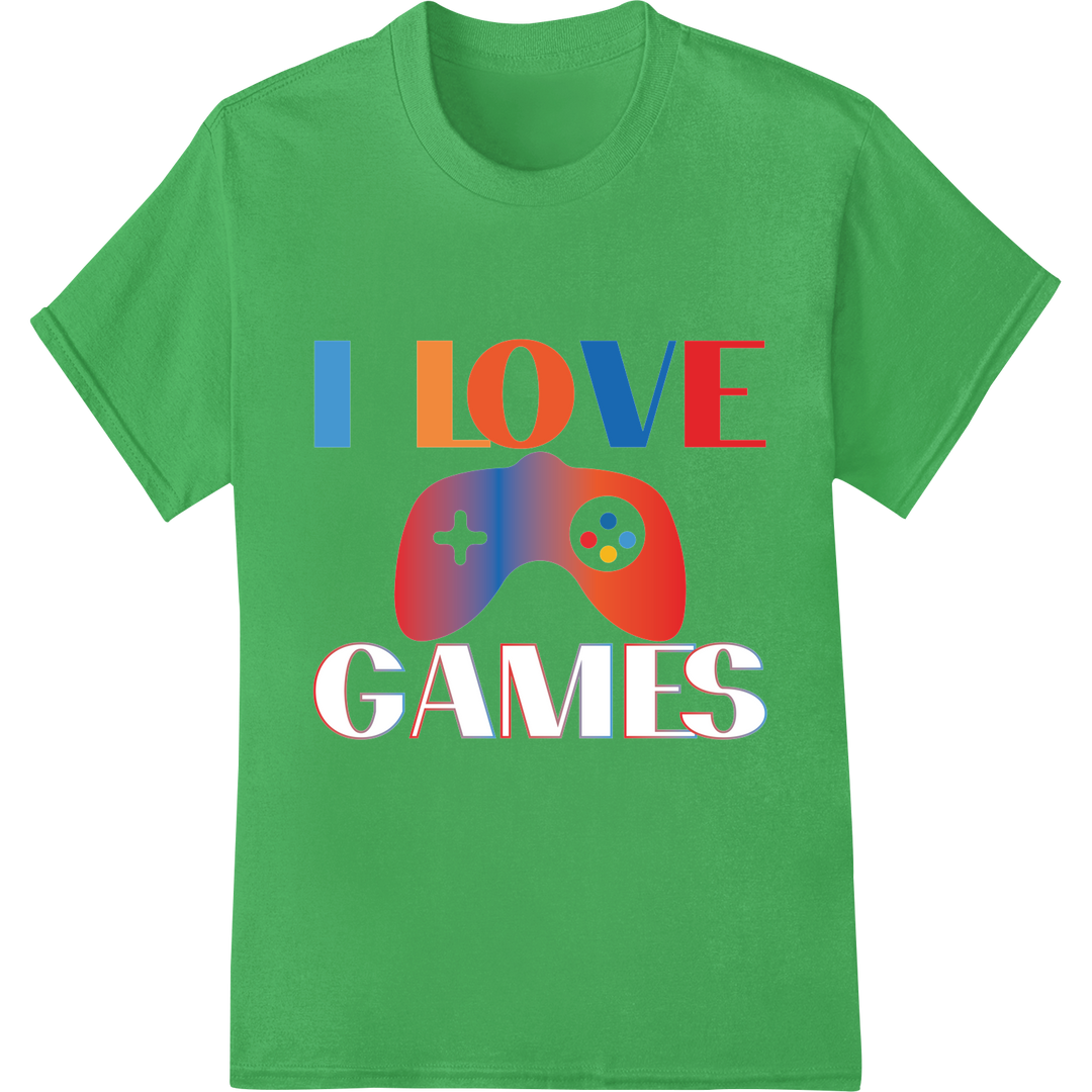 Retro Gamer's Love: Vibrant Game Controller DTF Print on green shirt - SUPERDTF-DTF Prints-DTF Transfers-Custom DTF Prints