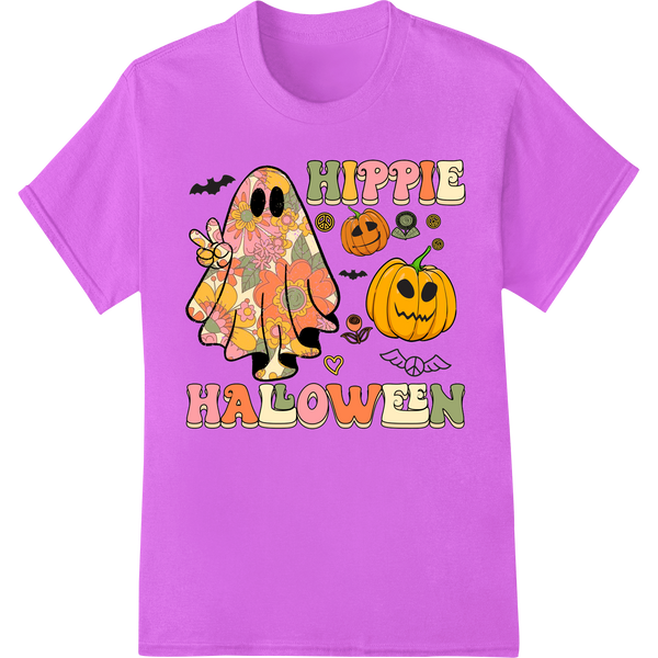 Groovy Ghosts: A Trippy Hippie Halloween Adventure on purple shirt - SUPERDTF-DTF Prints-DTF Transfers-Custom DTF Prints