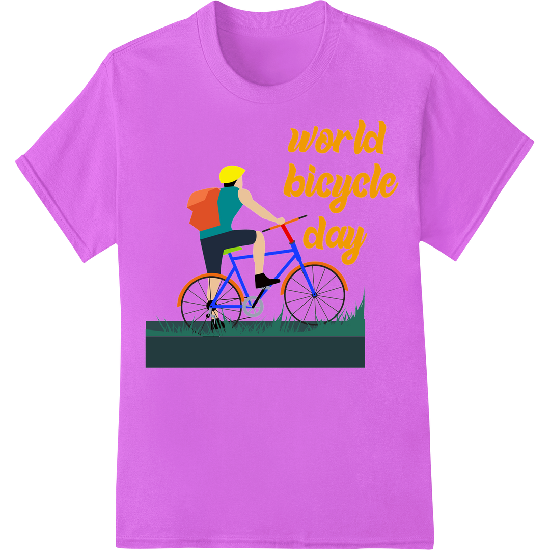 Ride into World Bicycle Day with this Vibrant DTF Print! on purple shirt - SUPERDTF-DTF Prints-DTF Transfers-Custom DTF Prints