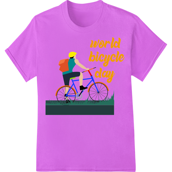 Ride into World Bicycle Day with this Vibrant DTF Print! on purple shirt - SUPERDTF-DTF Prints-DTF Transfers-Custom DTF Prints