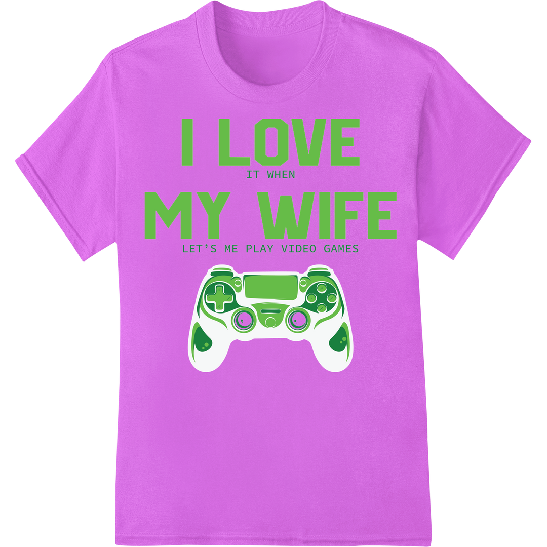 Retro Gamer Humor DTF Print: 'Wife Lets Me Play Video Games' on purple shirt - SUPERDTF-DTF Prints-DTF Transfers-Custom DTF Prints