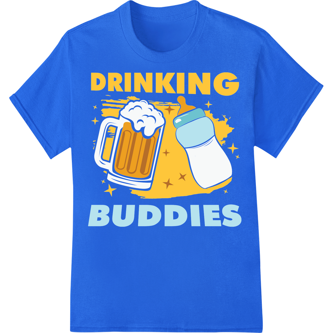 Retro Father's Day 'Drinking Buddies' Beer & Milk DTF Print on blue shirt - SUPERDTF-DTF Prints-DTF Transfers-Custom DTF Prints