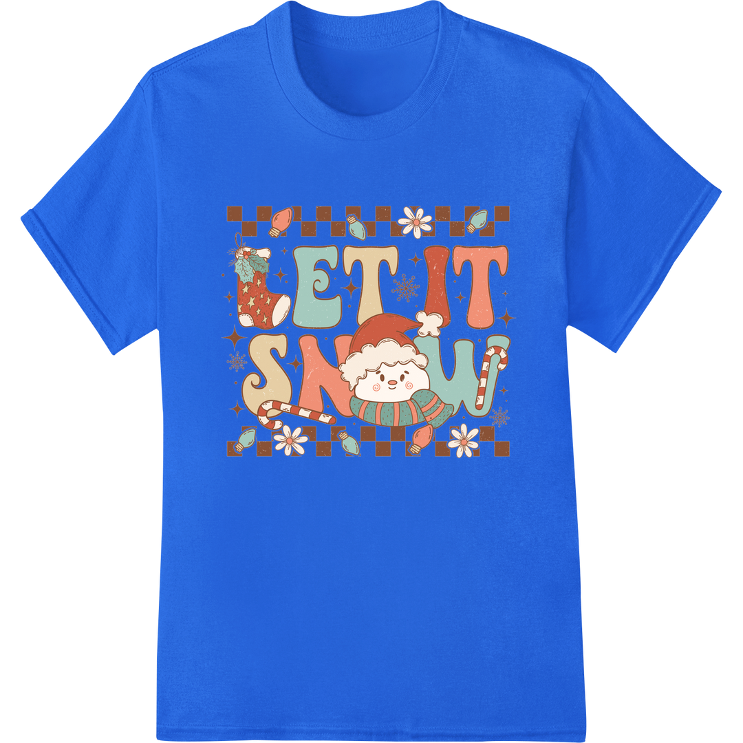 Retro 'LET IT SNOW' Christmas DTF Heat Transfer Print on blue shirt - SUPERDTF-DTF Prints-DTF Transfers-Custom DTF Prints