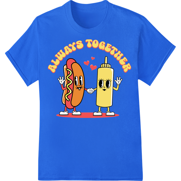 Retro Cartoon Hot Dog & Mustard Couple Valentine's Day on blue shirt - SUPERDTF-DTF Prints-DTF Transfers-Custom DTF Prints