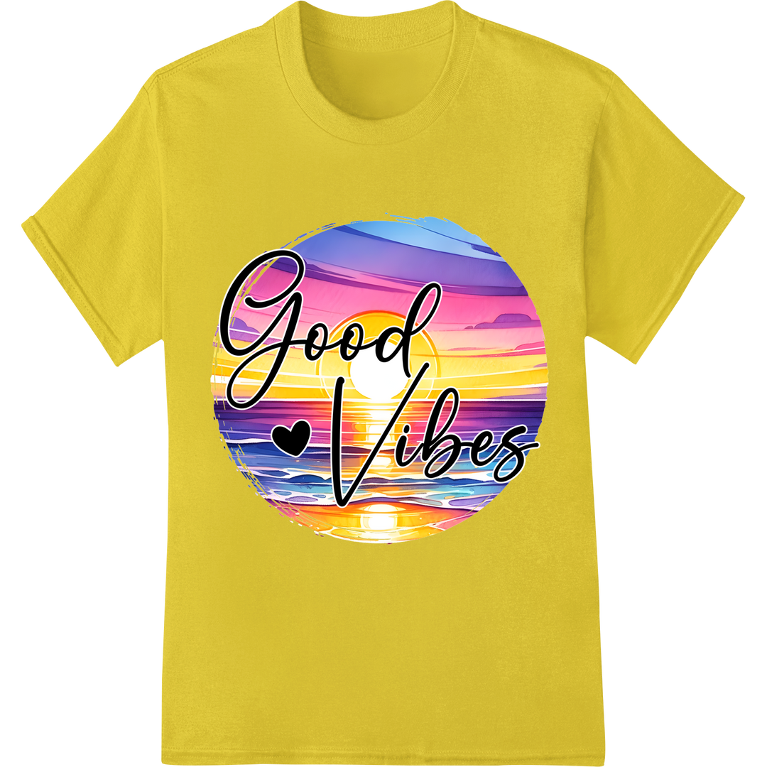 Good Vibes Summer Sunset DTF Print Heat Transfer on yellow shirt - SUPERDTF-DTF Prints-DTF Transfers-Custom DTF Prints