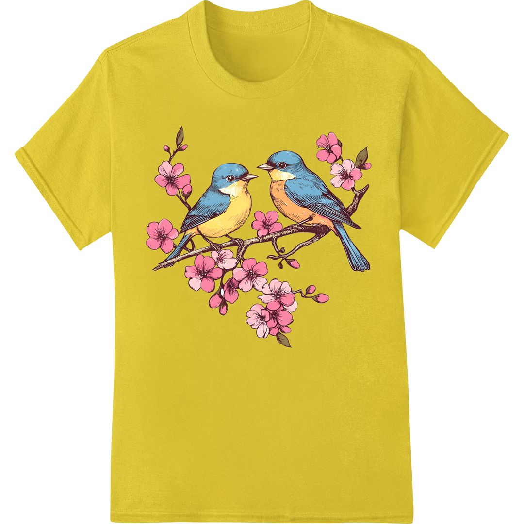 Vibrant Pop Art Bluebirds & Cherry Blossoms DTF Print on yellow shirt - SUPERDTF-DTF Prints-DTF Transfers-Custom DTF Prints