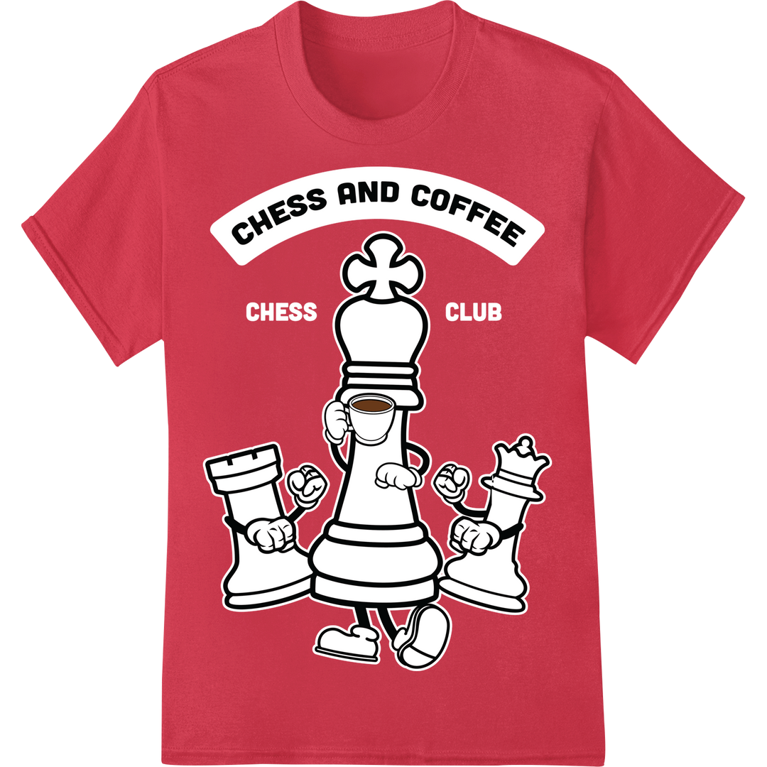 Checkmate Your Style: Chess & Coffee DTF Print Transfer on red shirt - SUPERDTF-DTF Prints-DTF Transfers-Custom DTF Prints