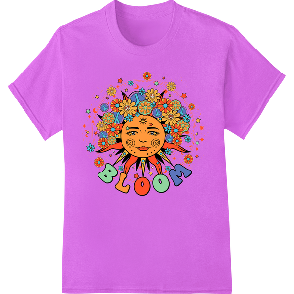 Retro-style psychedelic floral design featuring a sun face graphic, suitable for direct-to-film print transfers onto apparel.