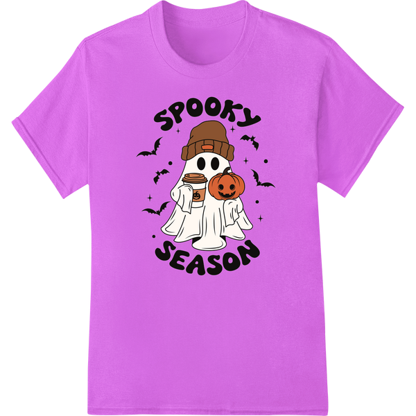 Cute Ghost with Coffee - Spooky Season Halloween Design on purple shirt - SUPERDTF-DTF Prints-DTF Transfers-Custom DTF Prints