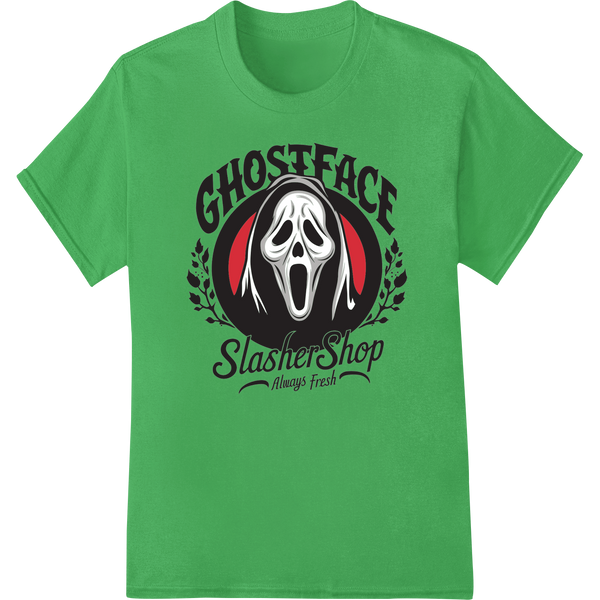 Ghostface slasher character design printed on a black t-shirt using direct-to-film (DTF) heat transfer vinyl printing