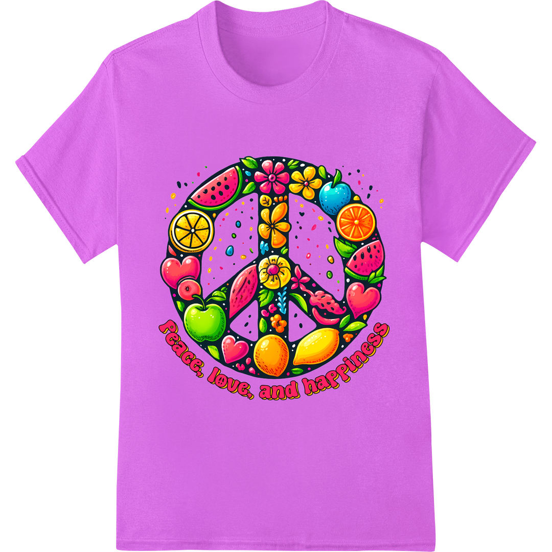 Groovy 60s Hippie Peace Sign Fruits Heat Transfer Print on purple shirt - SUPERDTF-DTF Prints-DTF Transfers-Custom DTF Prints