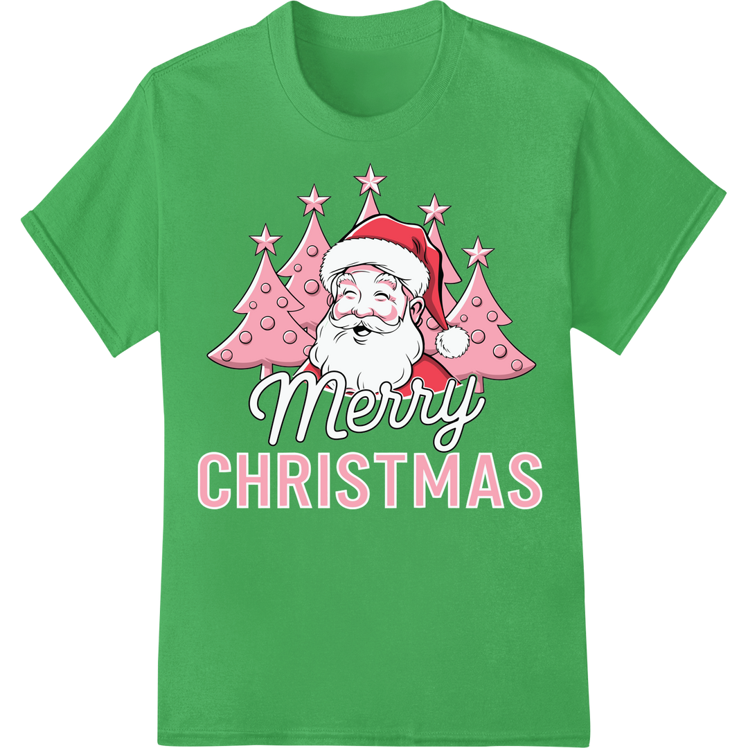 Adorable Pink Santa Claus 'Merry Christmas' DTF Print on green shirt - SUPERDTF-DTF Prints-DTF Transfers-Custom DTF Prints