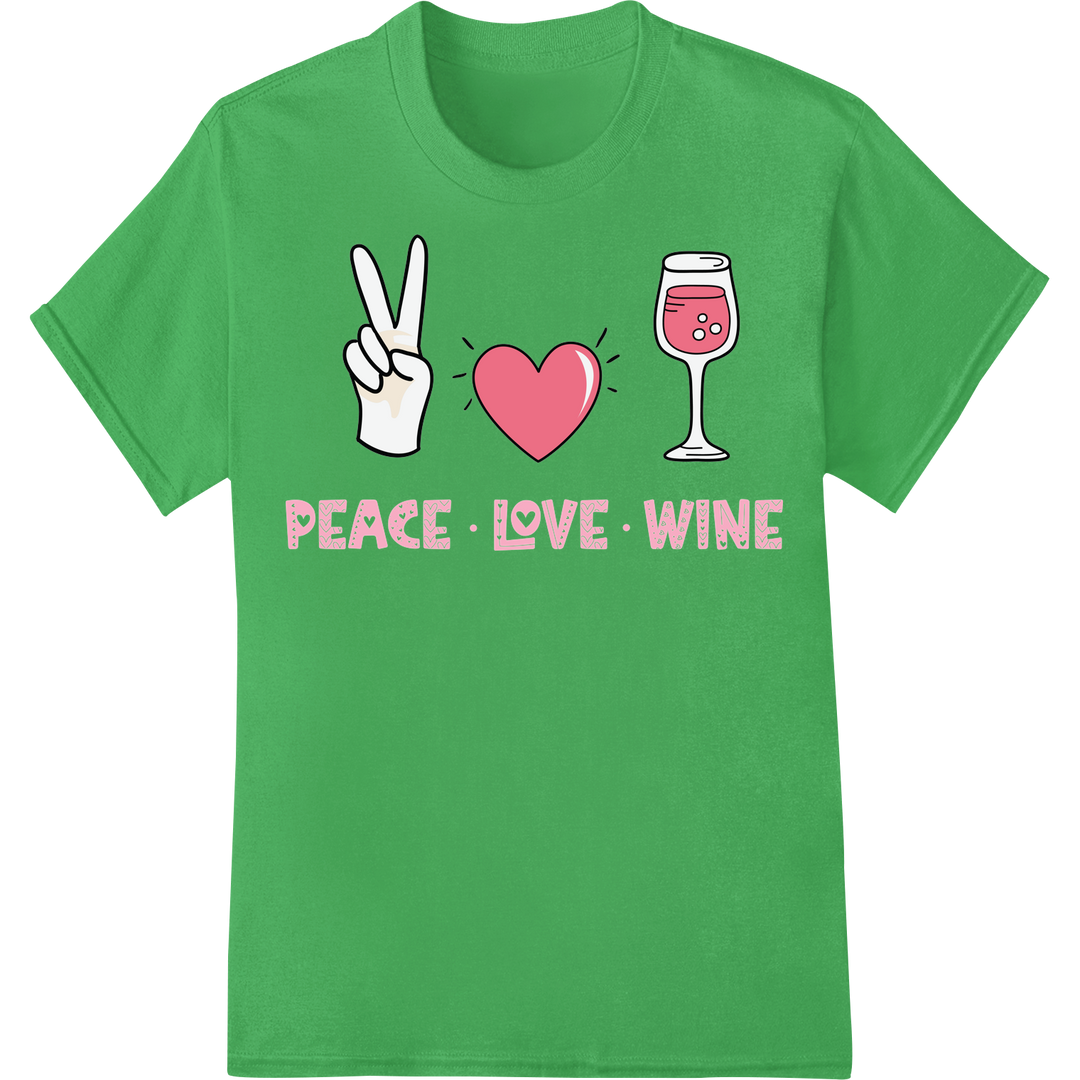 Spread Peace, Love & Wine with this Charming DTF Print on green shirt - SUPERDTF-DTF Prints-DTF Transfers-Custom DTF Prints