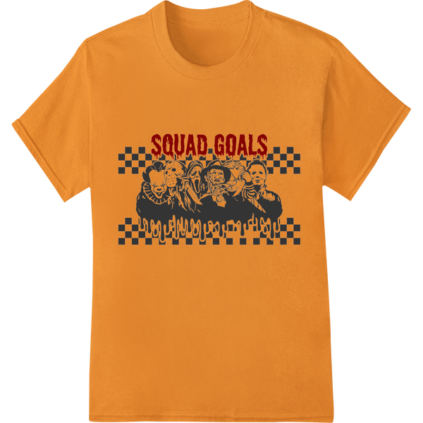 Colorful heat transfer design with cartoon monsters in Halloween costumes with the words 'Squad Goals'