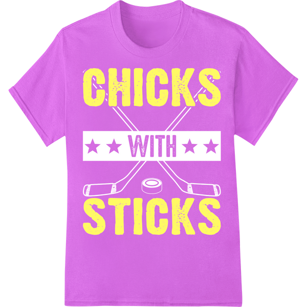 Score Big Laughs with Witty 'Chicks Sticks' Hockey DTF Print on purple shirt - SUPERDTF-DTF Prints-DTF Transfers-Custom DTF Prints