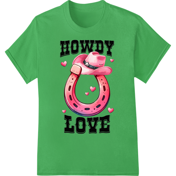 Rustic Romance: 'Howdy Love' Pink Horseshoe DTF Print Transfer on green shirt - SUPERDTF-DTF Prints-DTF Transfers-Custom DTF Prints