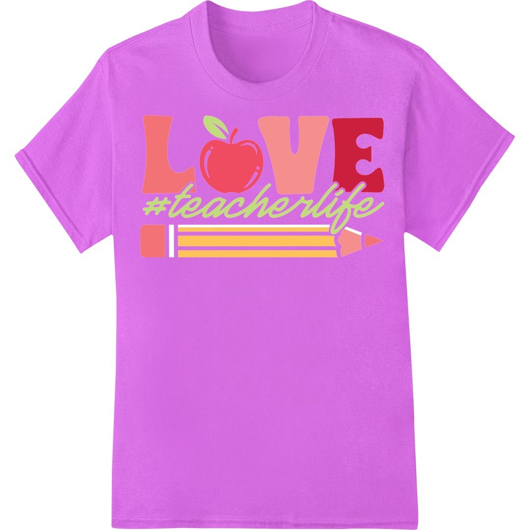 Adorable Valentine's Teacher LOVE Print Heat Transfer on purple shirt - SUPERDTF-DTF Prints-DTF Transfers-Custom DTF Prints