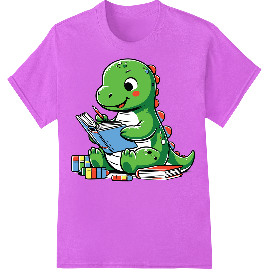 Adorable Dino Loves Reading - Playful Educational DTF Print on purple shirt - SUPERDTF-DTF Prints-DTF Transfers-Custom DTF Prints