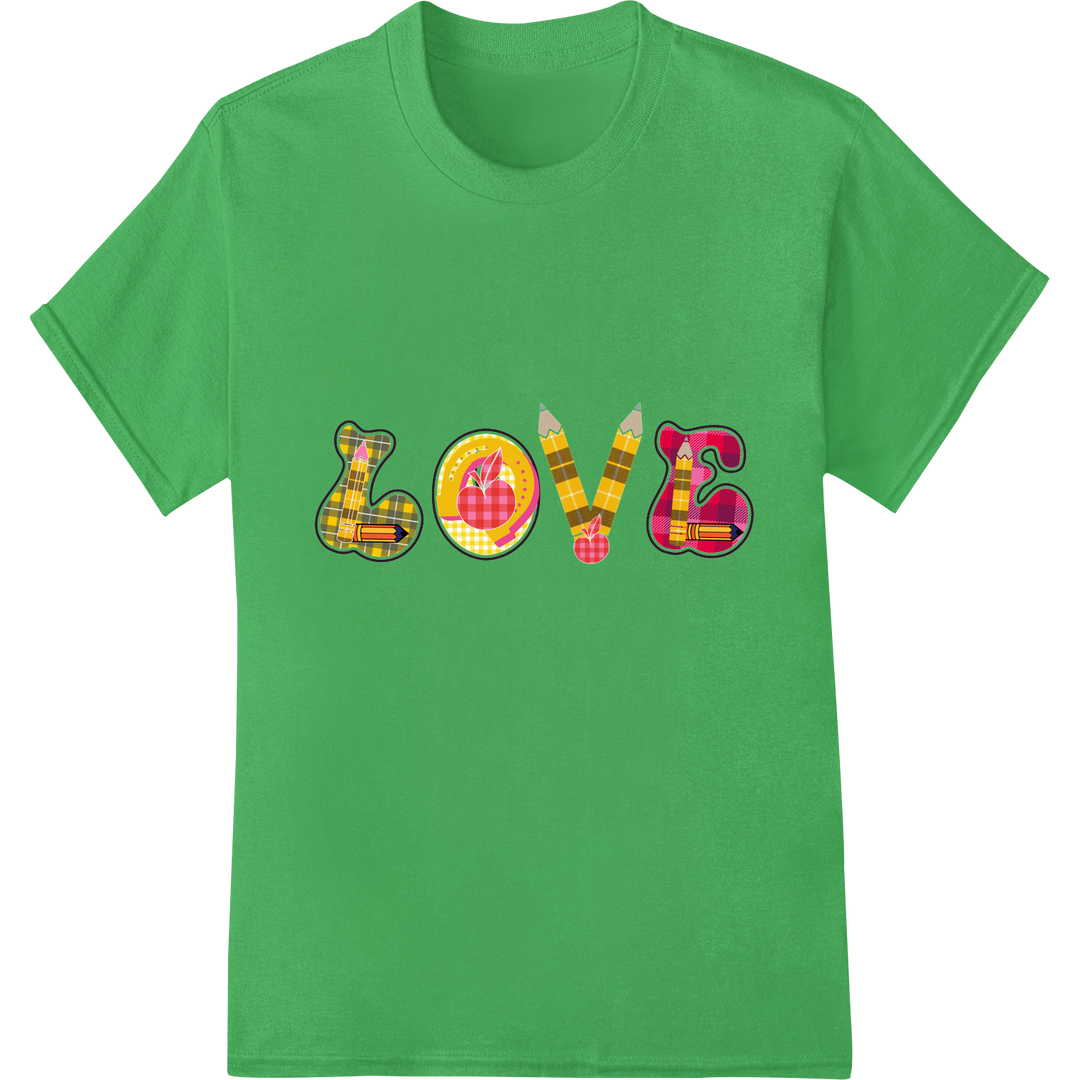 Retro 'Love Teacher' Pencil DTF Print Heat Transfer on green shirt - SUPERDTF-DTF Prints-DTF Transfers-Custom DTF Prints