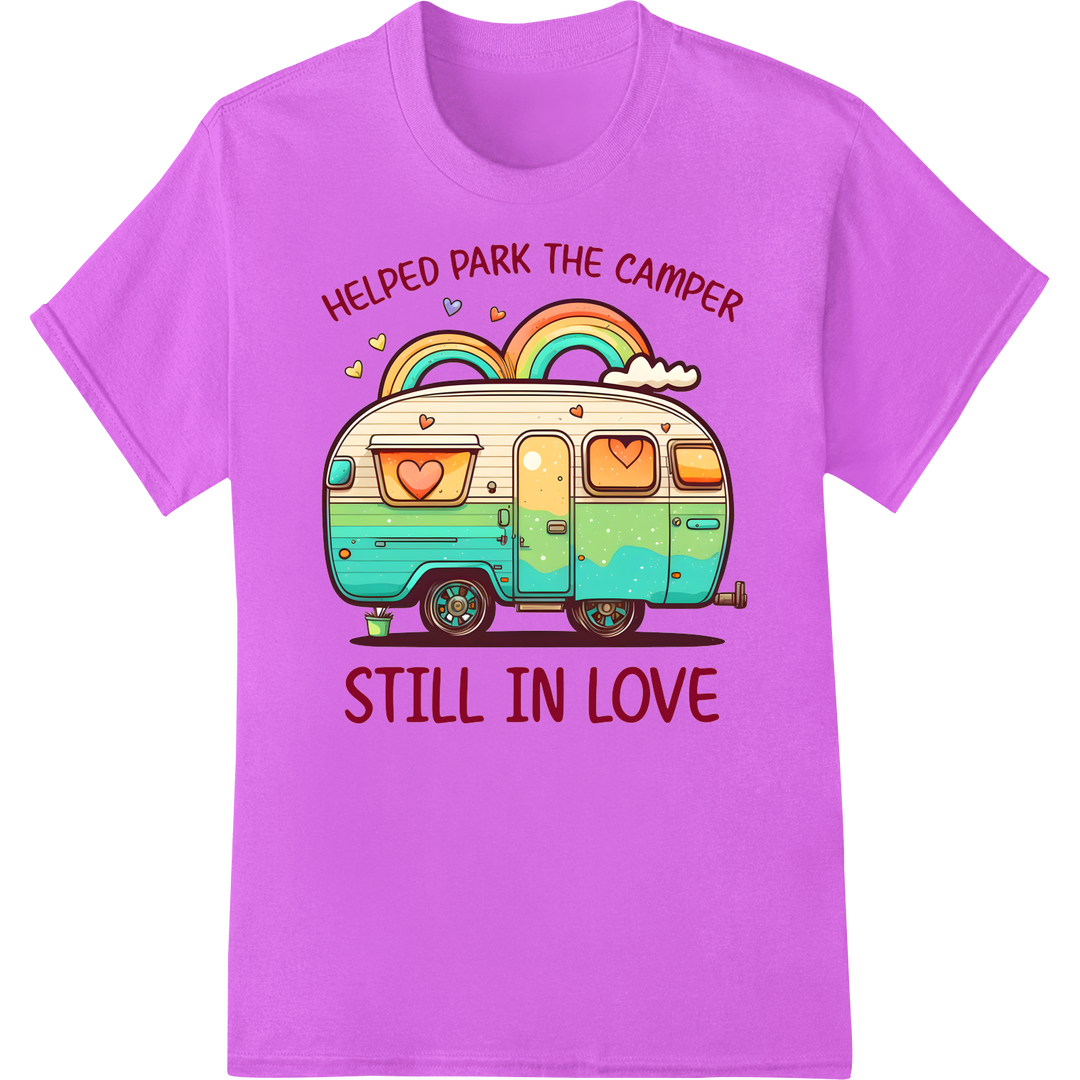 Still in Love: Retro Camper Valentine's Day DTF Transfer on purple shirt - SUPERDTF-DTF Prints-DTF Transfers-Custom DTF Prints