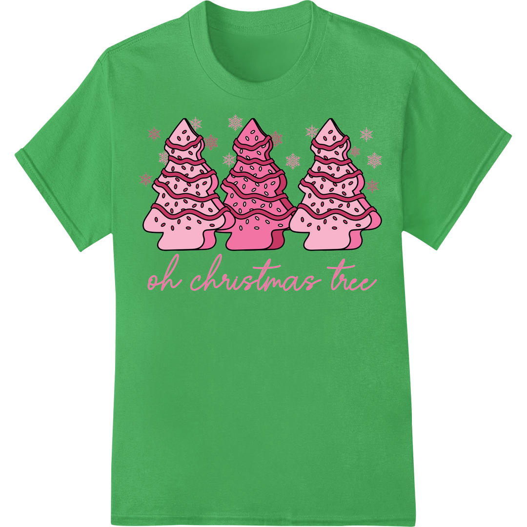 Enchanting Pink Polka Dot Christmas Tree Trio Heat Transfer on green shirt - SUPERDTF-DTF Prints-DTF Transfers-Custom DTF Prints