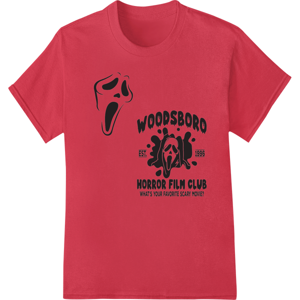 A spooky design featuring a bloodied knife and the text 'Woodsboro Horror Film Club' in a distressed vintage style.