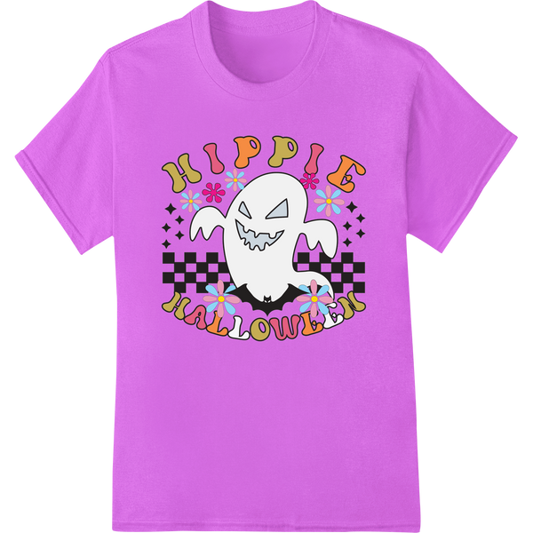 Groovy Hippie Ghost: Playful Halloween Heat Transfer Print on purple shirt - SUPERDTF-DTF Prints-DTF Transfers-Custom DTF Prints