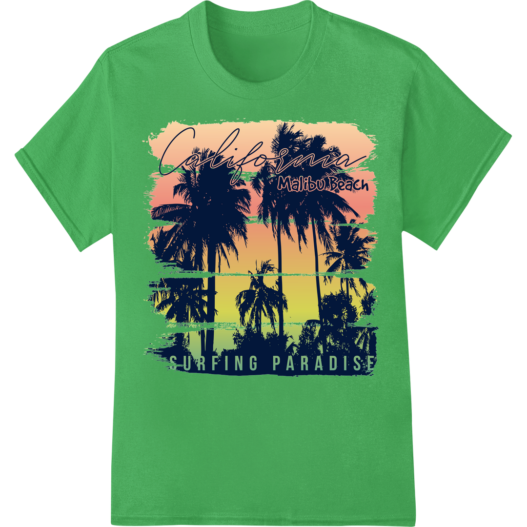 Vintage Malibu Surf Paradise DTF Print Heat Transfer on green shirt - SUPERDTF-DTF Prints-DTF Transfers-Custom DTF Prints