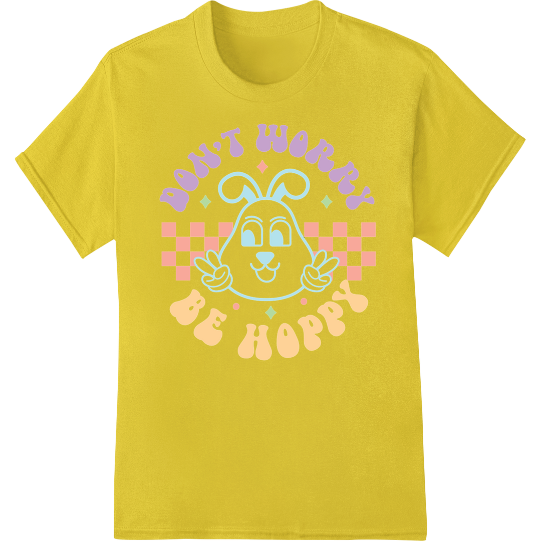 Retro Easter Bunny "Don't Worry Be Hoppy" DTF Heat Transfer on yellow shirt - SUPERDTF-DTF Prints-DTF Transfers-Custom DTF Prints