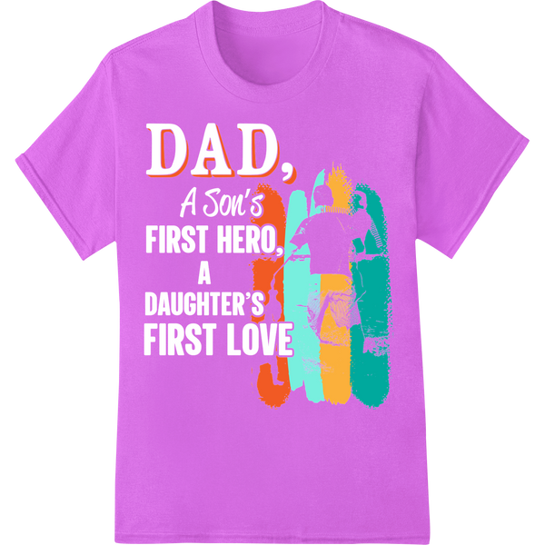 Celebrate Dad: Colorful Father & Child Silhouette DTF Print on purple shirt - SUPERDTF-DTF Prints-DTF Transfers-Custom DTF Prints