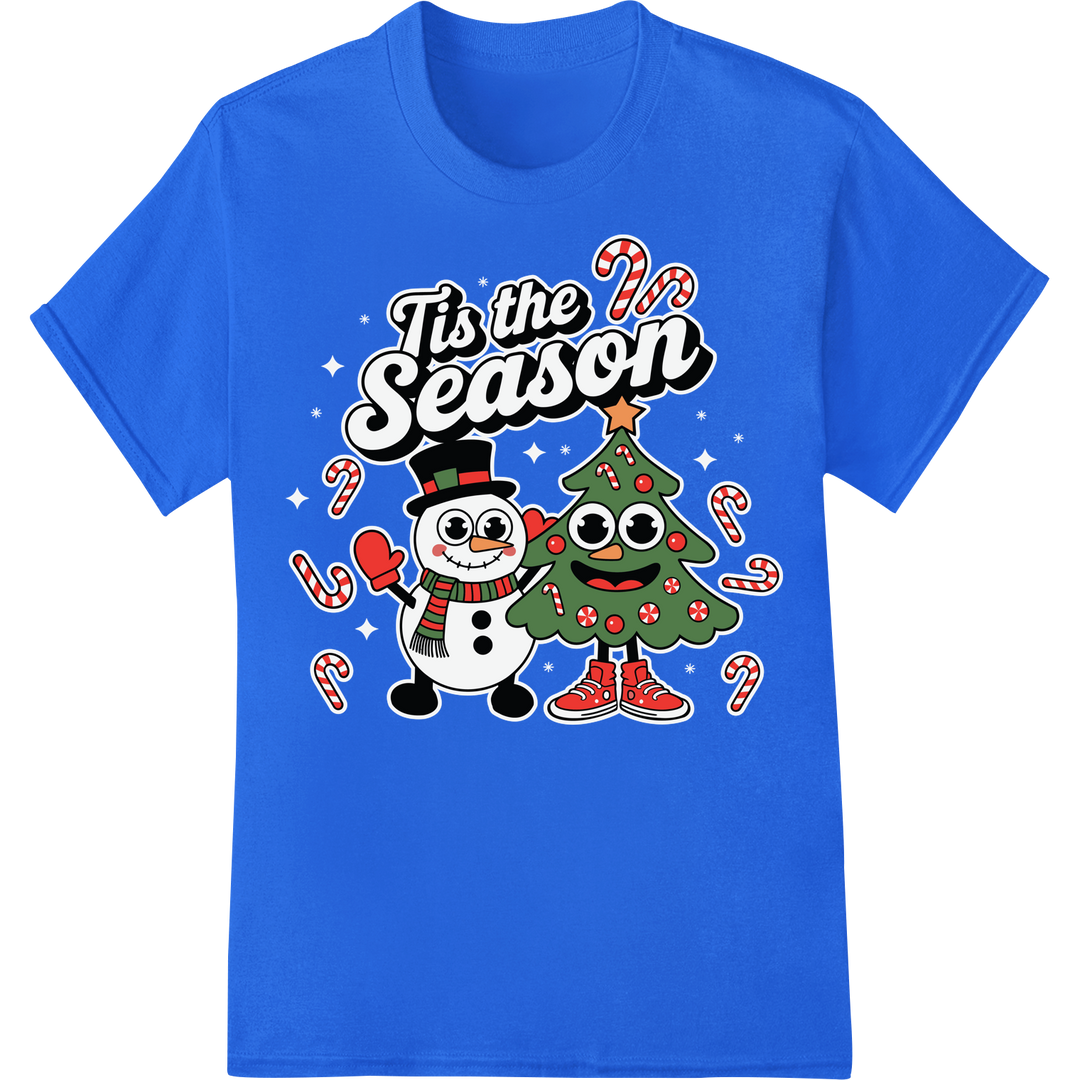 'Tis the Season: Festive Snowman & Christmas Tree DTF Print on blue shirt - SUPERDTF-DTF Prints-DTF Transfers-Custom DTF Prints