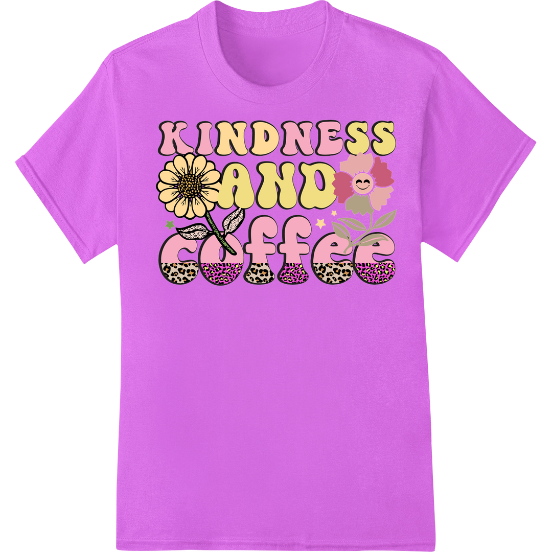 Retro Kindness & Coffee Flower Power Teacher DTF Print on purple shirt - SUPERDTF-DTF Prints-DTF Transfers-Custom DTF Prints