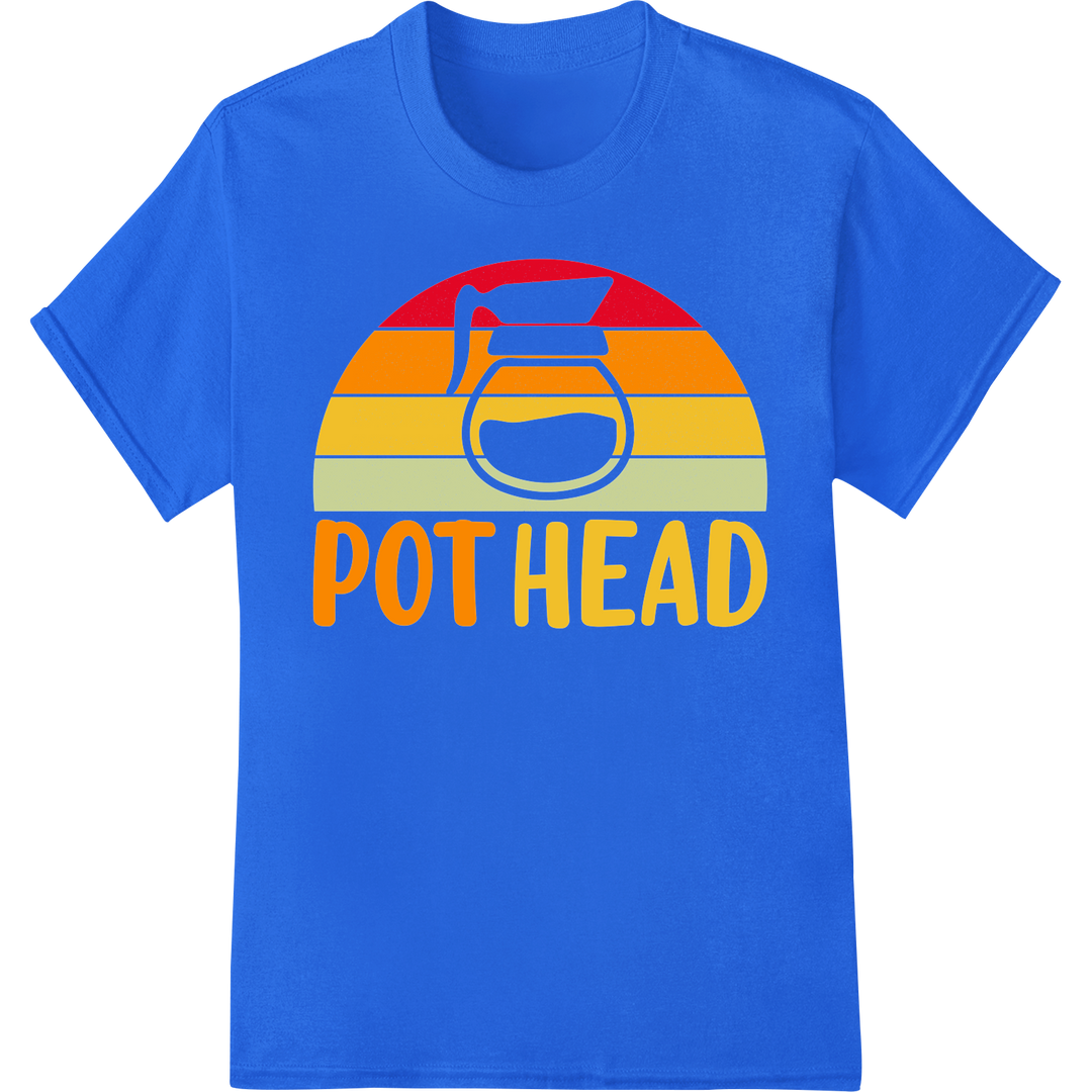 Retro Coffee Lover "POT HEAD" Heat Transfer Print on blue shirt - SUPERDTF-DTF Prints-DTF Transfers-Custom DTF Prints