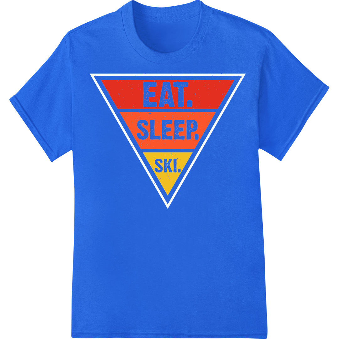 Bold 'Eat. Sleep. Ski.' DTF Print Heat Transfer | Winter Style on blue shirt - SUPERDTF-DTF Prints-DTF Transfers-Custom DTF Prints